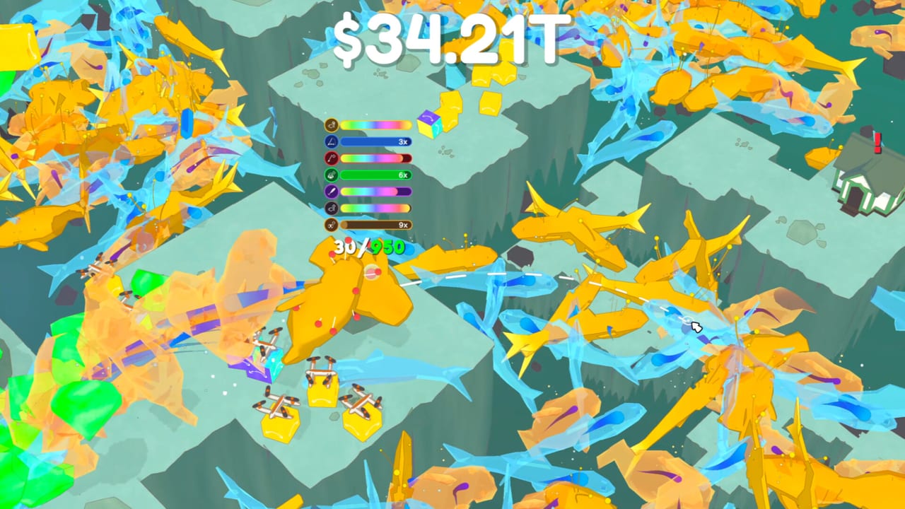 Late-game Just Keep Fishing screenshot: a golden fish swarm around the fox angler, a huge coin total, and stacked multiplier bars.
