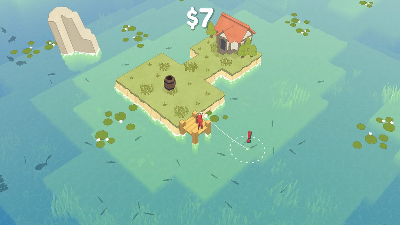 Starting island in Just Keep Fishing: a fox on a wooden dock beside a hut and barrel, bobber inside a dashed circle, and $7 on the HUD.